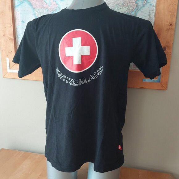 3/$15 Switzerland Graphic Short Sleeve Men's Black Cotton T- Shirt Size Large - Picture 1 of 10